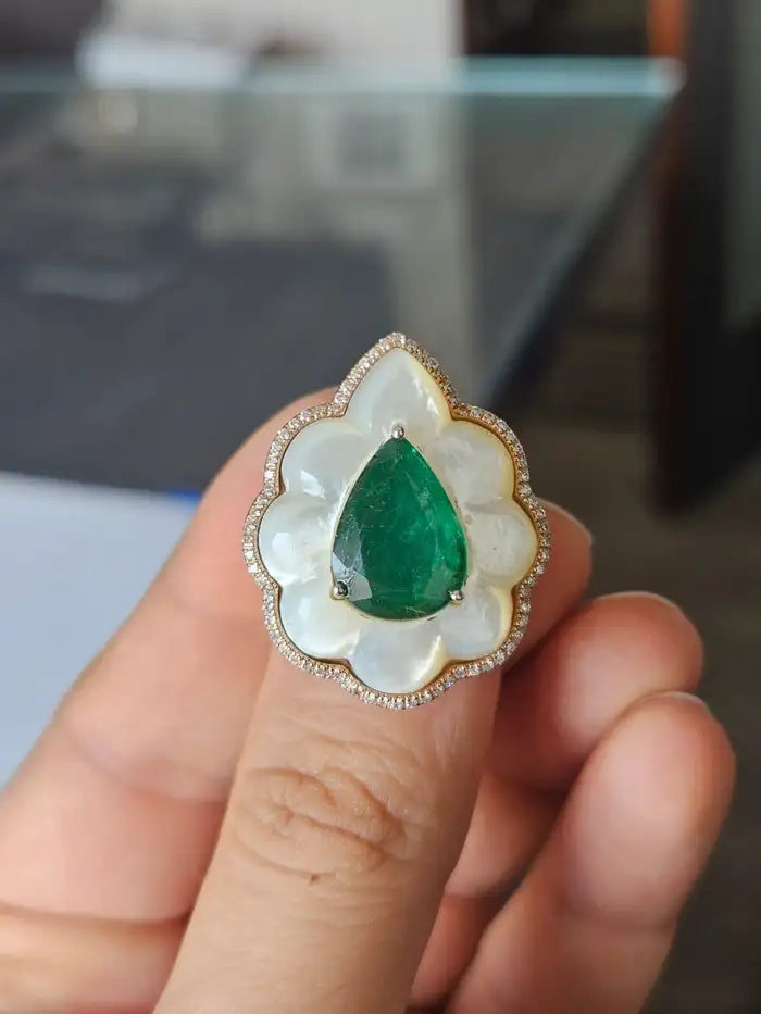 Natural Zambian Emerald & Mother of Pearl Cocktail Ring - 18k Yellow Gold Diamond Wedding Ring