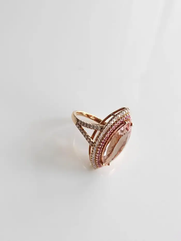 18k Rose Gold Diamond Cocktail Ring - Natural Morganite & Pink Sapphire Gemstone Ring