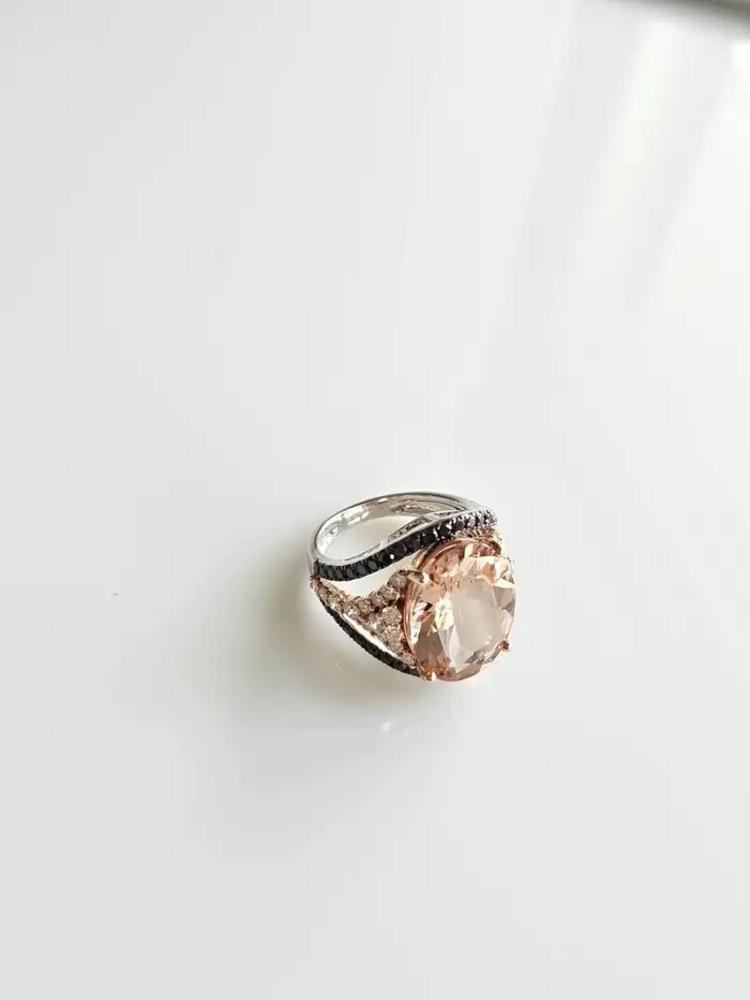 18k Rose Gold Black Diamond Wedding Ring - Natural Morganite & Diamond Wedding Ring