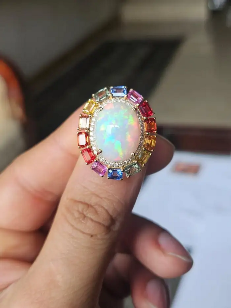 Ethiopian Opal & Multi Sapphire Cocktail Ring - 18k Gold Diamond Wedding Ring