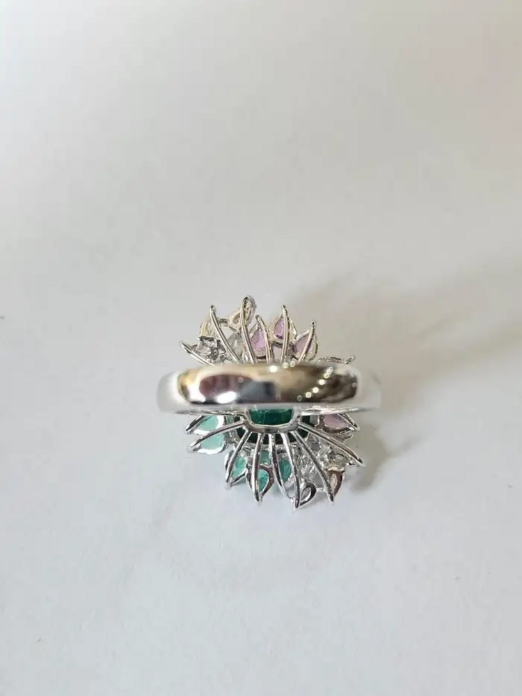 18k White Gold Diamond Cocktail Ring - Natural Zambian Emerald & Pink Sapphire Wedding Ring