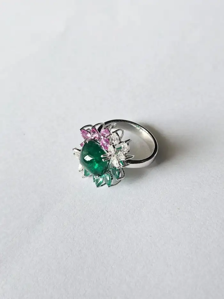 18k White Gold Diamond Cocktail Ring - Natural Zambian Emerald & Pink Sapphire Wedding Ring