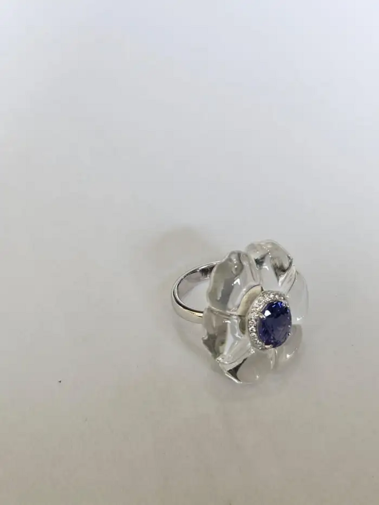 18k White Gold Diamond Cocktail Ring - Natural Tanzanite & Crystal Anniversary Gift Ring