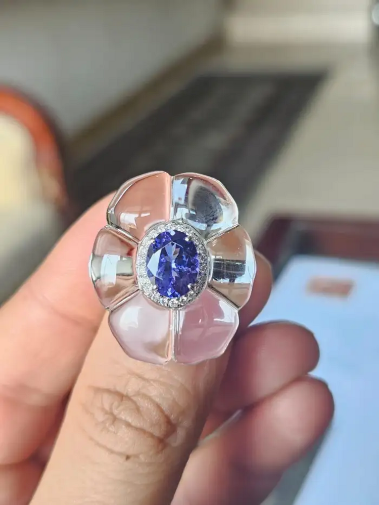18k White Gold Diamond Cocktail Ring - Natural Tanzanite & Crystal Anniversary Gift Ring