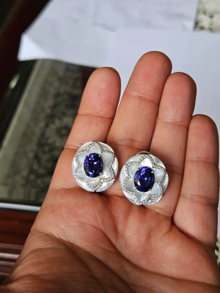 Natural Tanzanite & Mother Of Pearl Stud Earrings - 18k White Gold Diamond Earrings