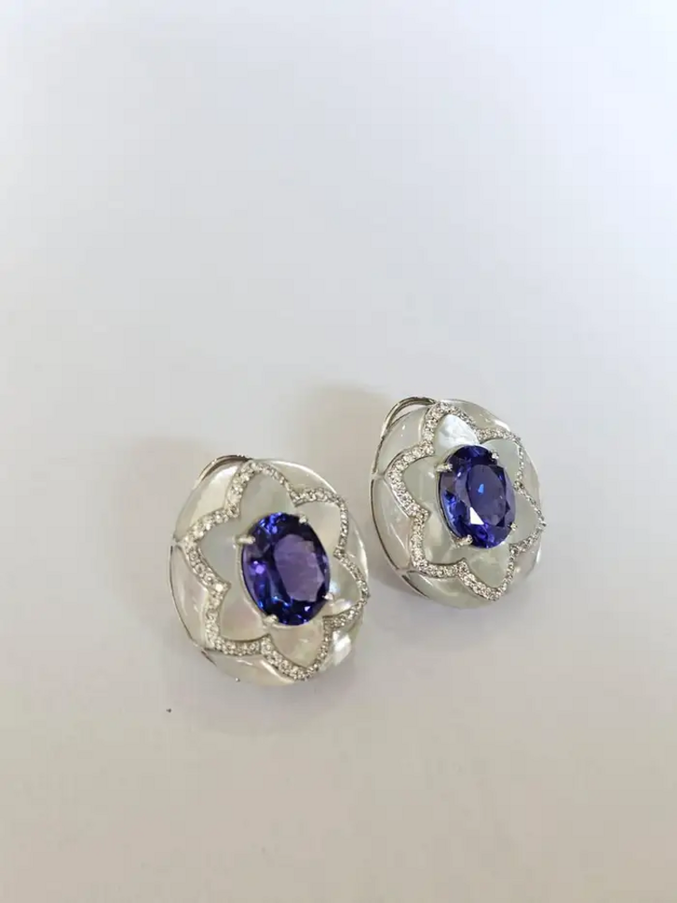 Natural Tanzanite & Mother Of Pearl Stud Earrings - 18k White Gold Diamond Earrings
