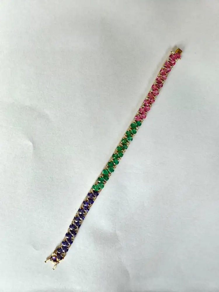 Natural Emerald, Tanzanite & Pink Sapphire Bracelet - 18k Yellow Gold Diamond Tennis Bracelet