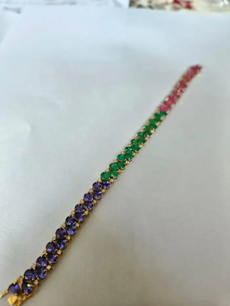 Natural Emerald, Tanzanite & Pink Sapphire Bracelet - 18k Yellow Gold Diamond Tennis Bracelet