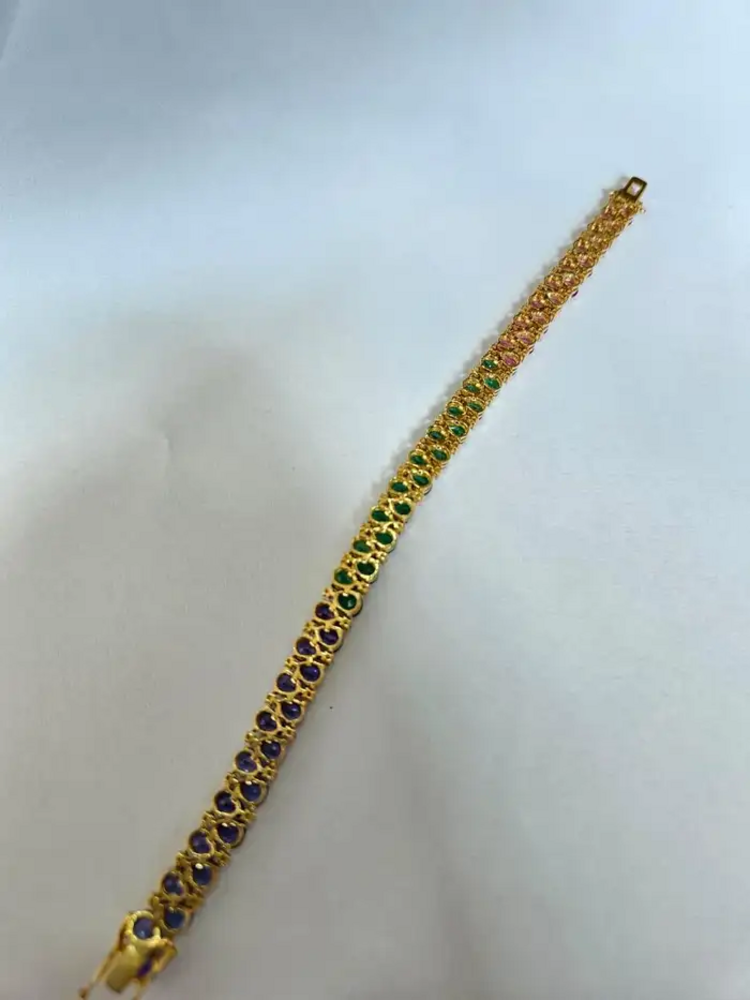 Natural Emerald, Tanzanite & Pink Sapphire Bracelet - 18k Yellow Gold Diamond Tennis Bracelet