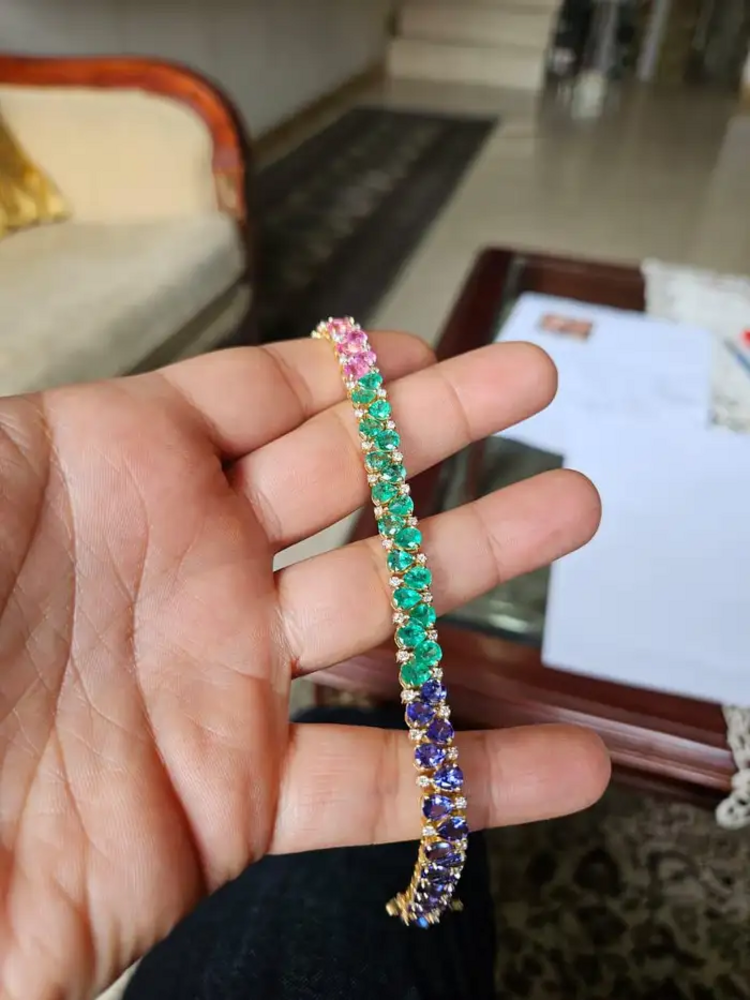 Natural Emerald, Tanzanite & Pink Sapphire Bracelet - 18k Yellow Gold Diamond Tennis Bracelet
