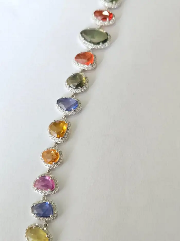 Natural Multi Sapphire & Rose Cut Diamond Bracelet - 18k White Gold Handmade Bracelet