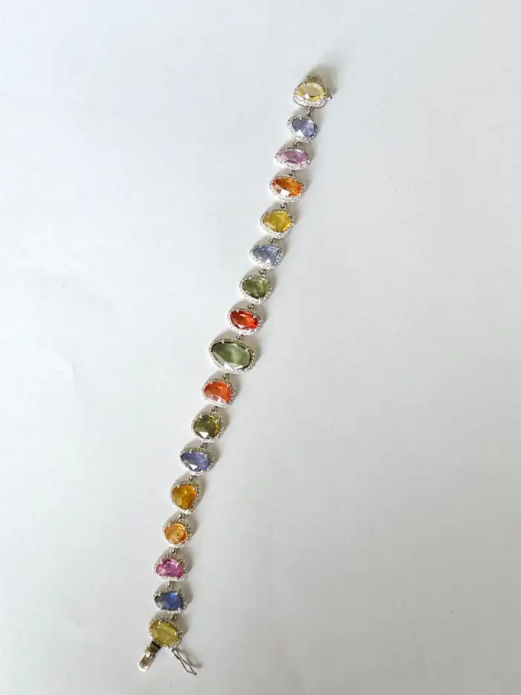 Natural Multi Sapphire & Rose Cut Diamond Bracelet - 18k White Gold Handmade Bracelet