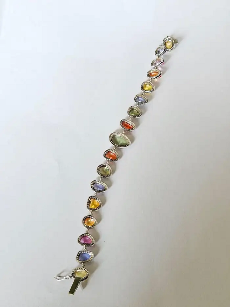 Natural Multi Sapphire & Rose Cut Diamond Bracelet - 18k White Gold Handmade Bracelet