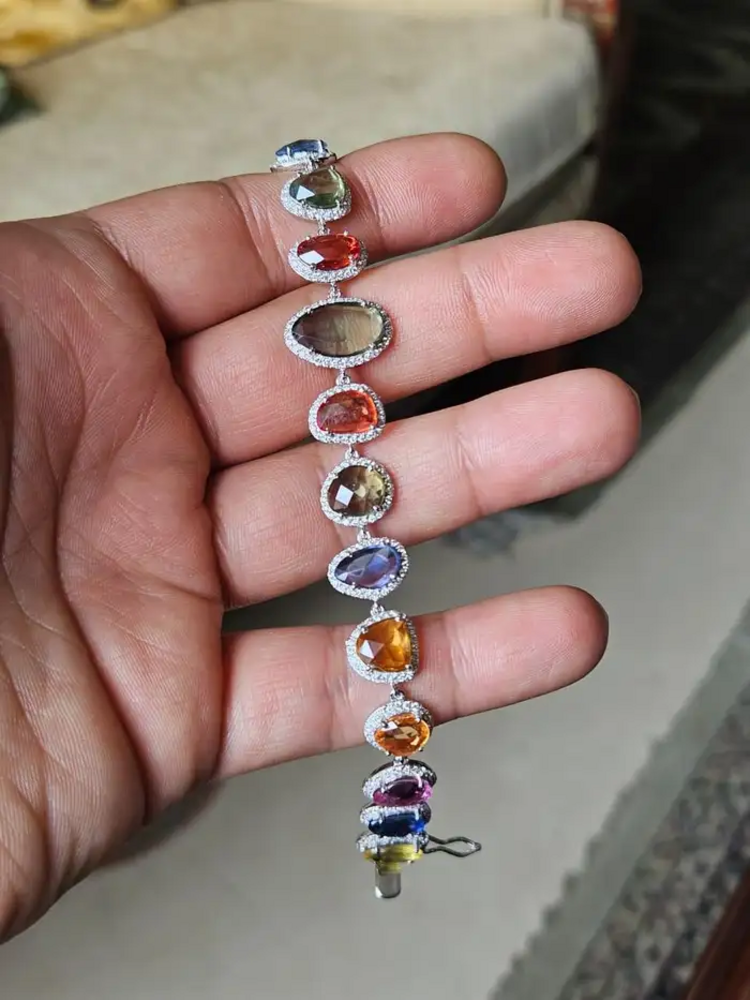 Natural Multi Sapphire & Rose Cut Diamond Bracelet - 18k White Gold Handmade Bracelet