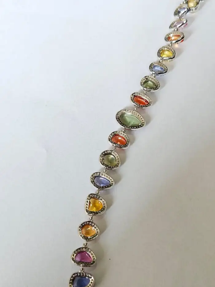 Natural Multi Sapphire & Rose Cut Diamond Bracelet - 18k White Gold Handmade Bracelet