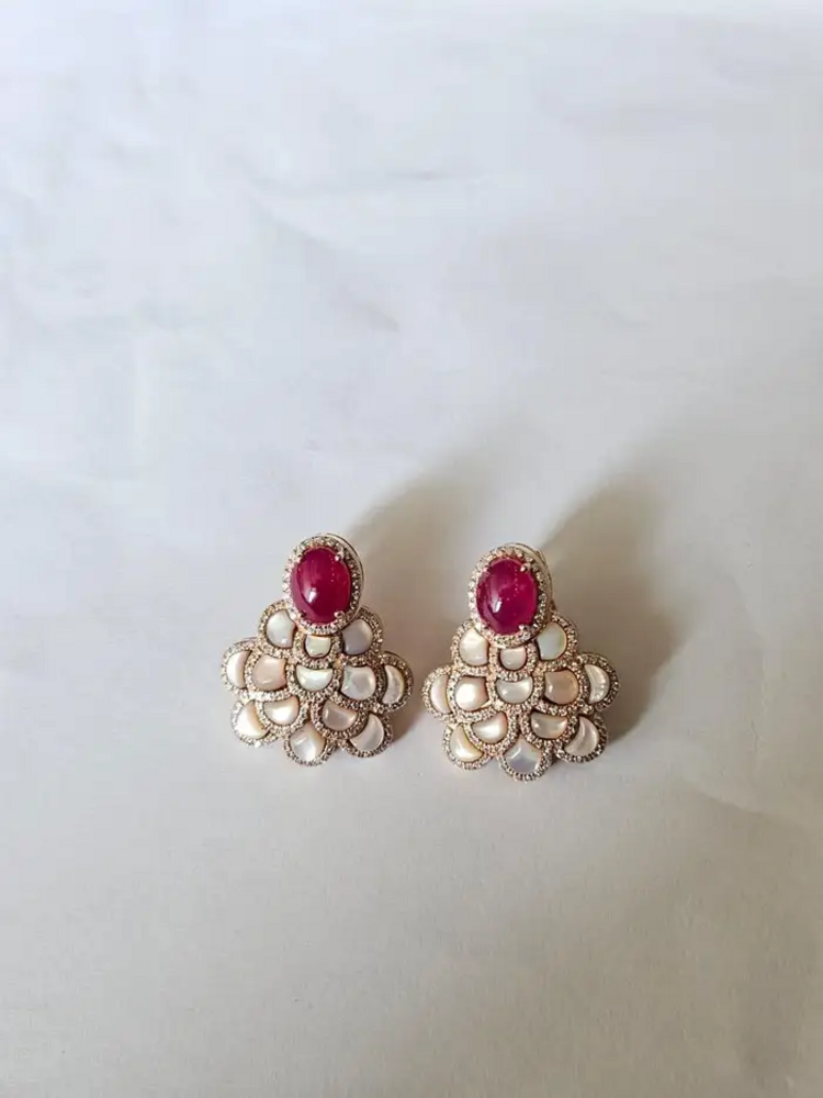 18k Rose Gold Diamond Stud Earrings - Natural Ruby & Mother Of Pearl Dangle Earrings