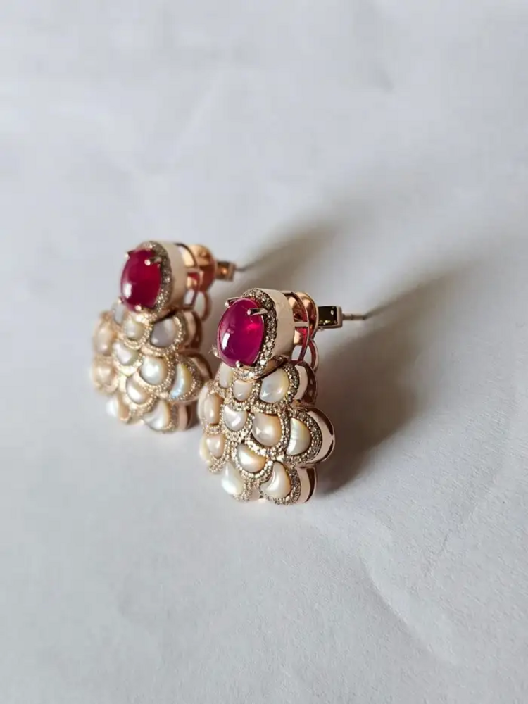 18k Rose Gold Diamond Stud Earrings - Natural Ruby & Mother Of Pearl Dangle Earrings