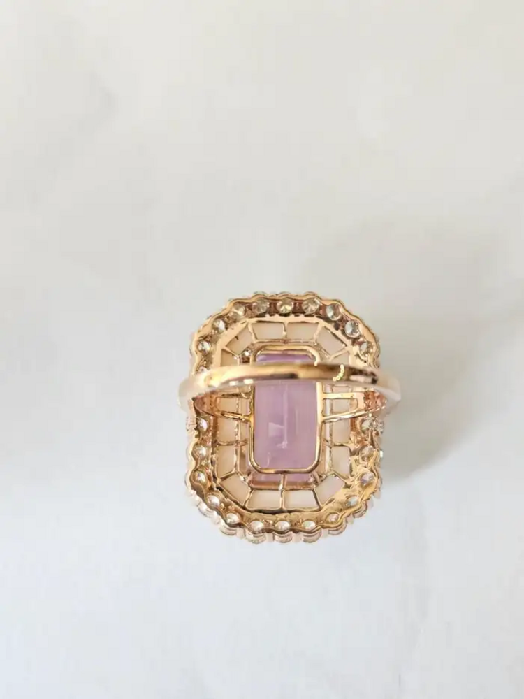 18k Rose Gold Diamond Handmade Ring - Natural Kunzite & Mother Of Pearl Cocktail Ring