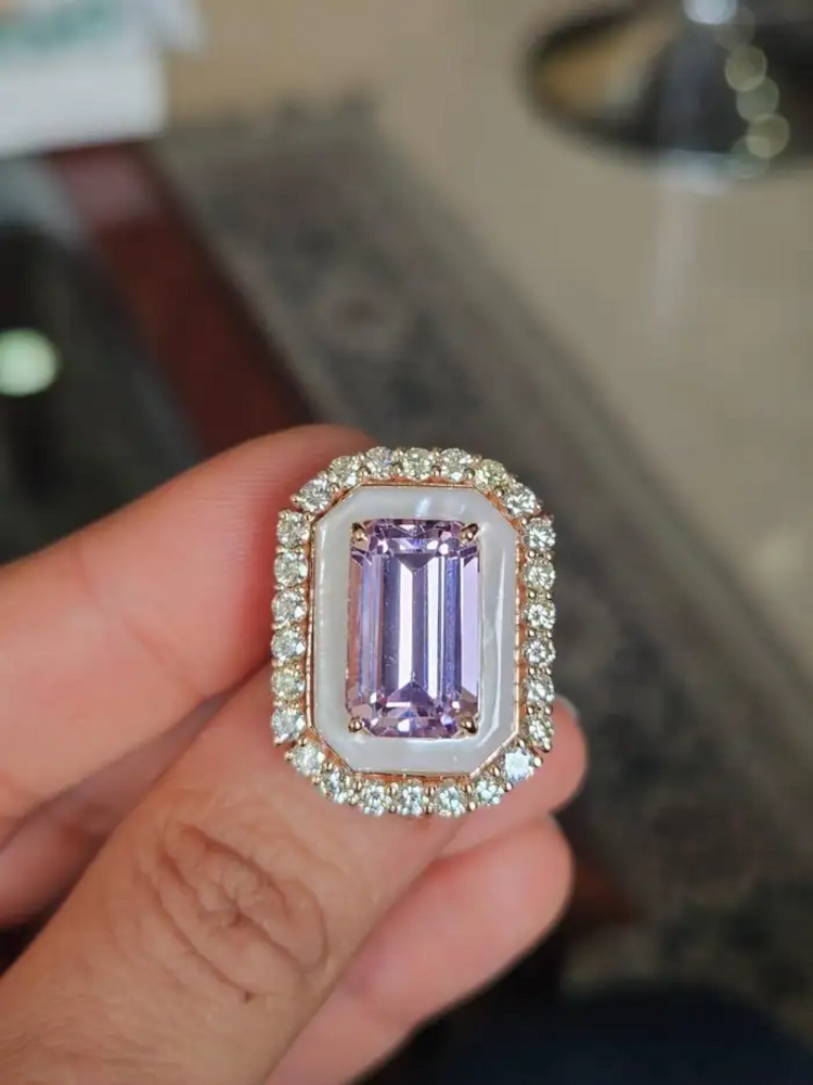 18k Rose Gold Diamond Handmade Ring - Natural Kunzite & Mother Of Pearl Cocktail Ring