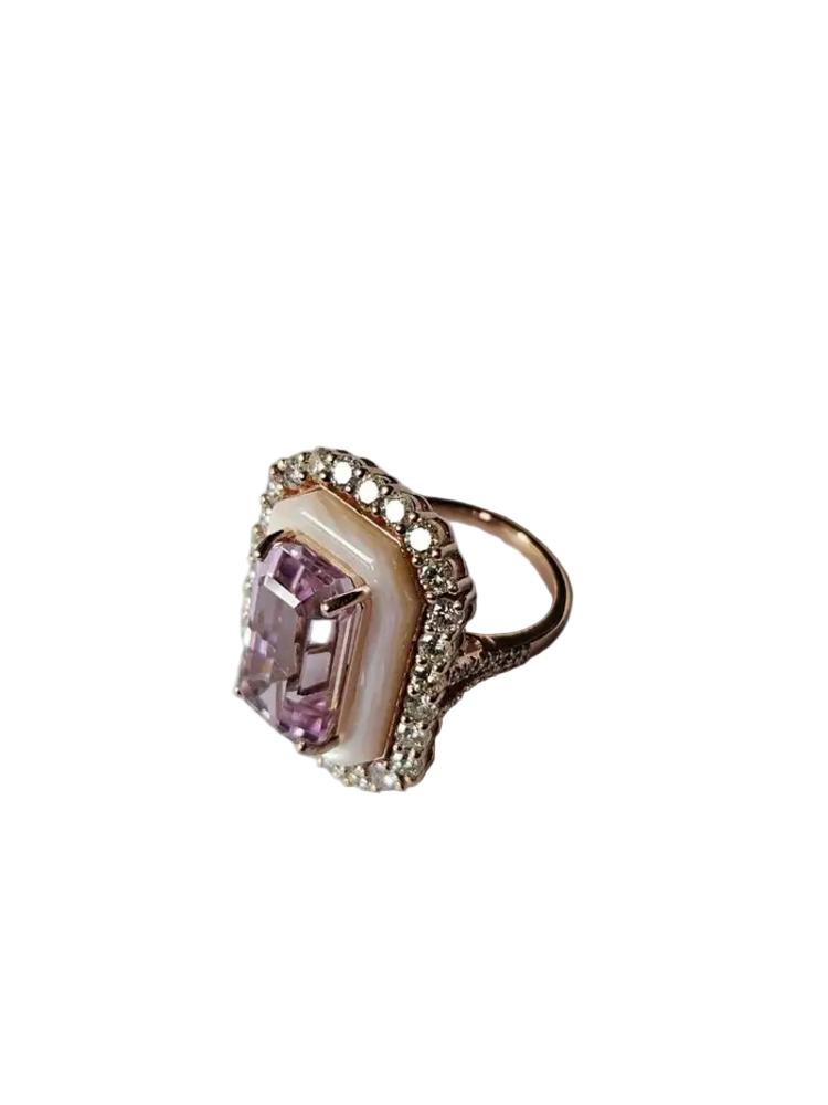 18k Rose Gold Diamond Handmade Ring - Natural Kunzite & Mother Of Pearl Cocktail Ring
