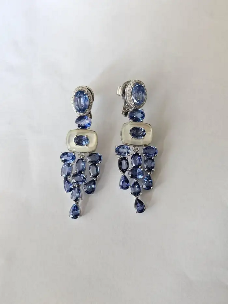 18k White Gold Diamond Handmade Earrings - Natural Blue Sapphire & Mother Of Pearl Chandelier Earrings