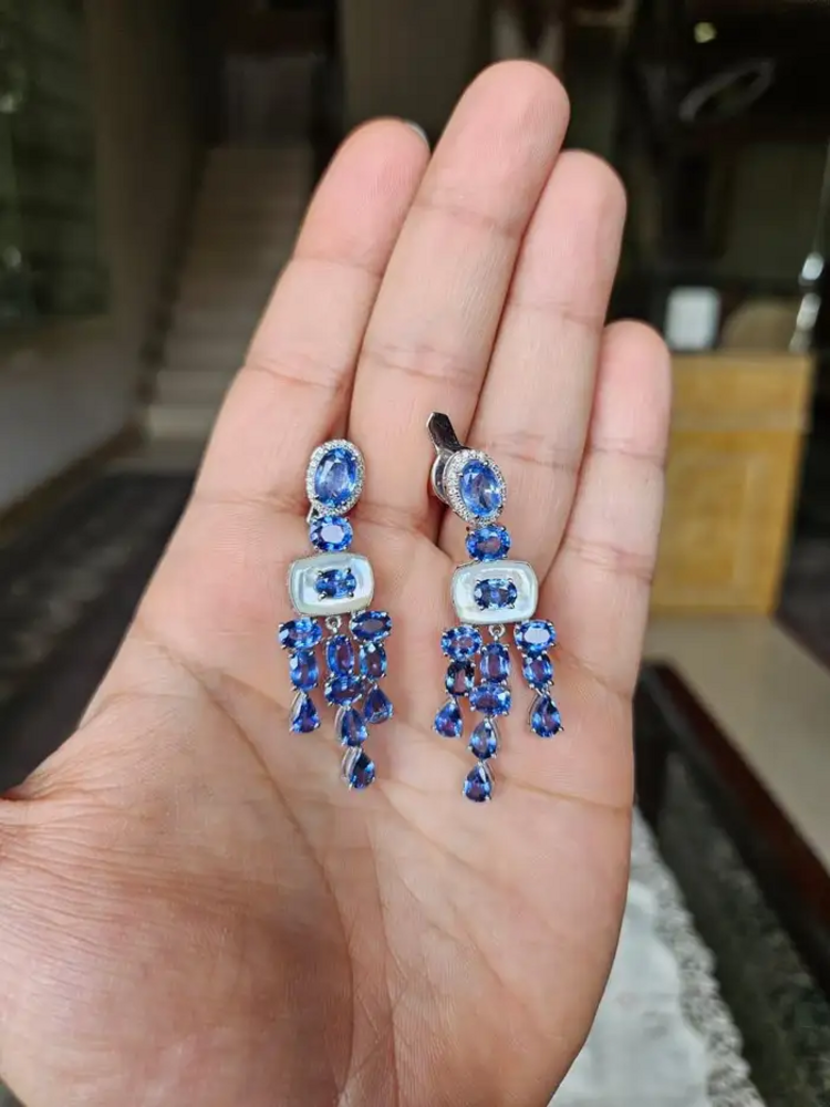 18k White Gold Diamond Handmade Earrings - Natural Blue Sapphire & Mother Of Pearl Chandelier Earrings