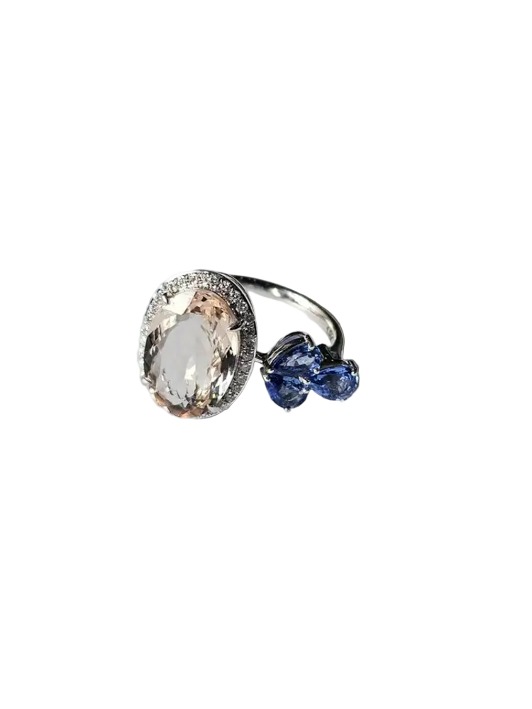 Natural Morganite, Blue Sapphire & Diamond Cocktail Ring - 18k White Gold Diamond Ring