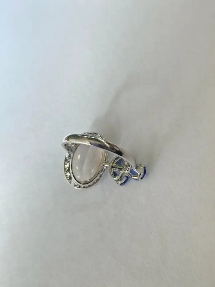 Natural Morganite, Blue Sapphire & Diamond Cocktail Ring - 18k White Gold Diamond Ring