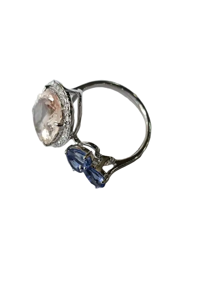 Natural Morganite, Blue Sapphire & Diamond Cocktail Ring - 18k White Gold Diamond Ring