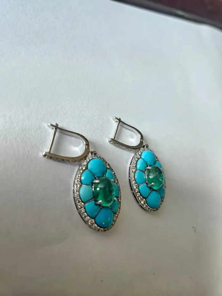 18k White Gold Diamond Dangle Earrings - Natural Emerald & Turquoise Gemstone Earrings