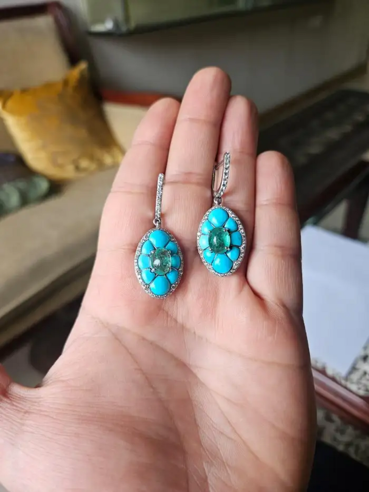 18k White Gold Diamond Dangle Earrings - Natural Emerald & Turquoise Gemstone Earrings