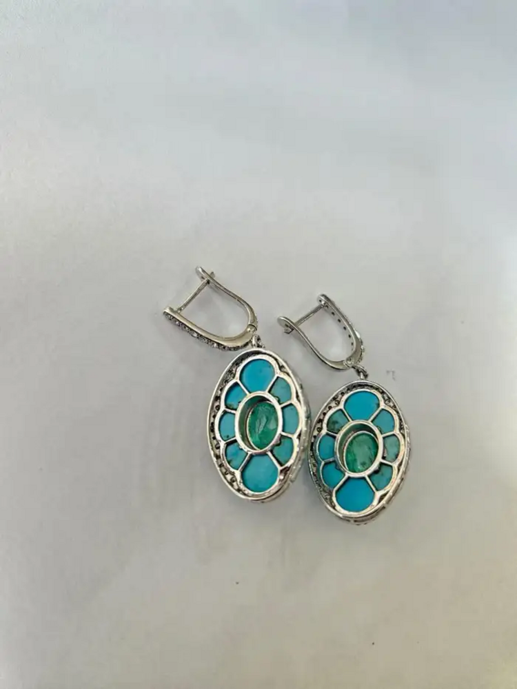 18k White Gold Diamond Dangle Earrings - Natural Emerald & Turquoise Gemstone Earrings