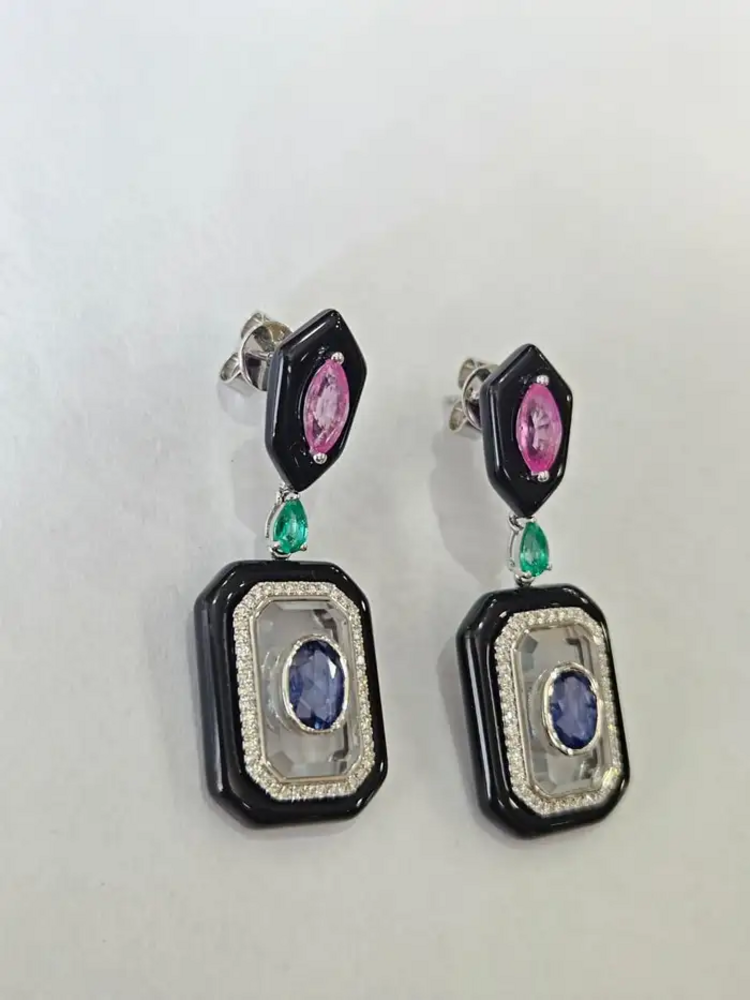 18k White Gold Diamond Dangle Earrings - Natural Emerald, Sapphire, Black Onyx & Crystal Earrings