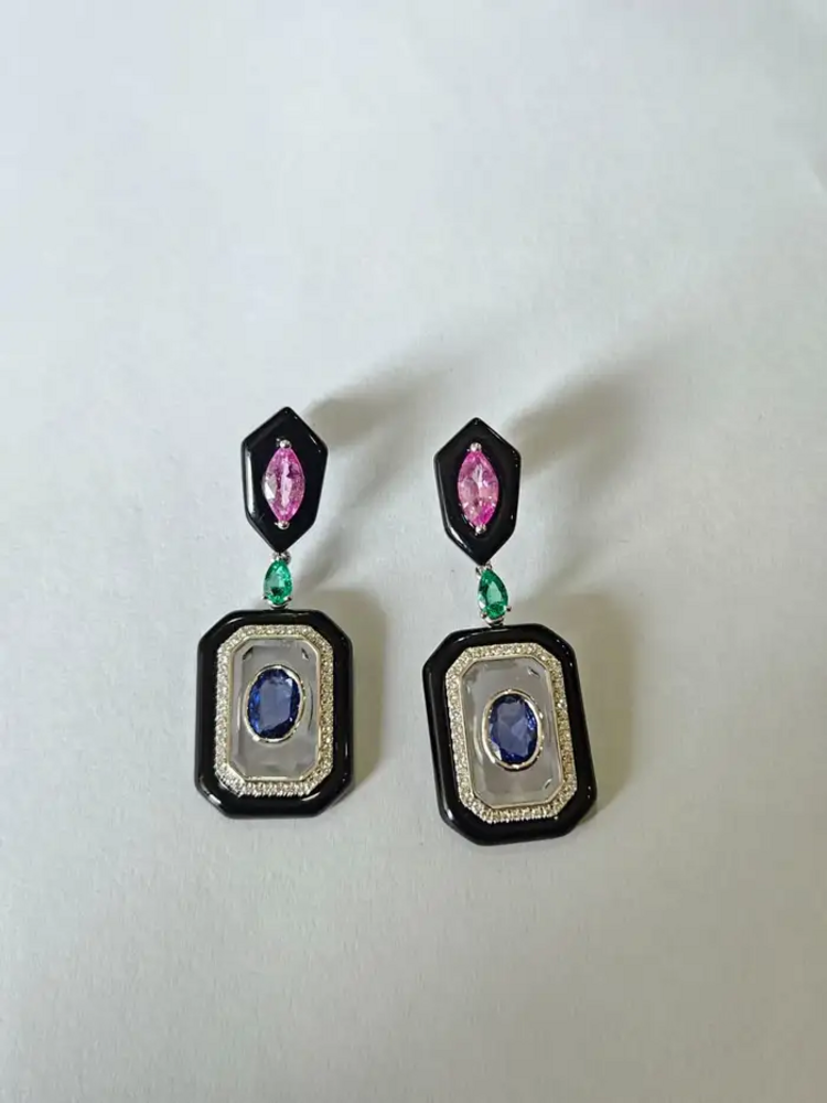 18k White Gold Diamond Dangle Earrings - Natural Emerald, Sapphire, Black Onyx & Crystal Earrings