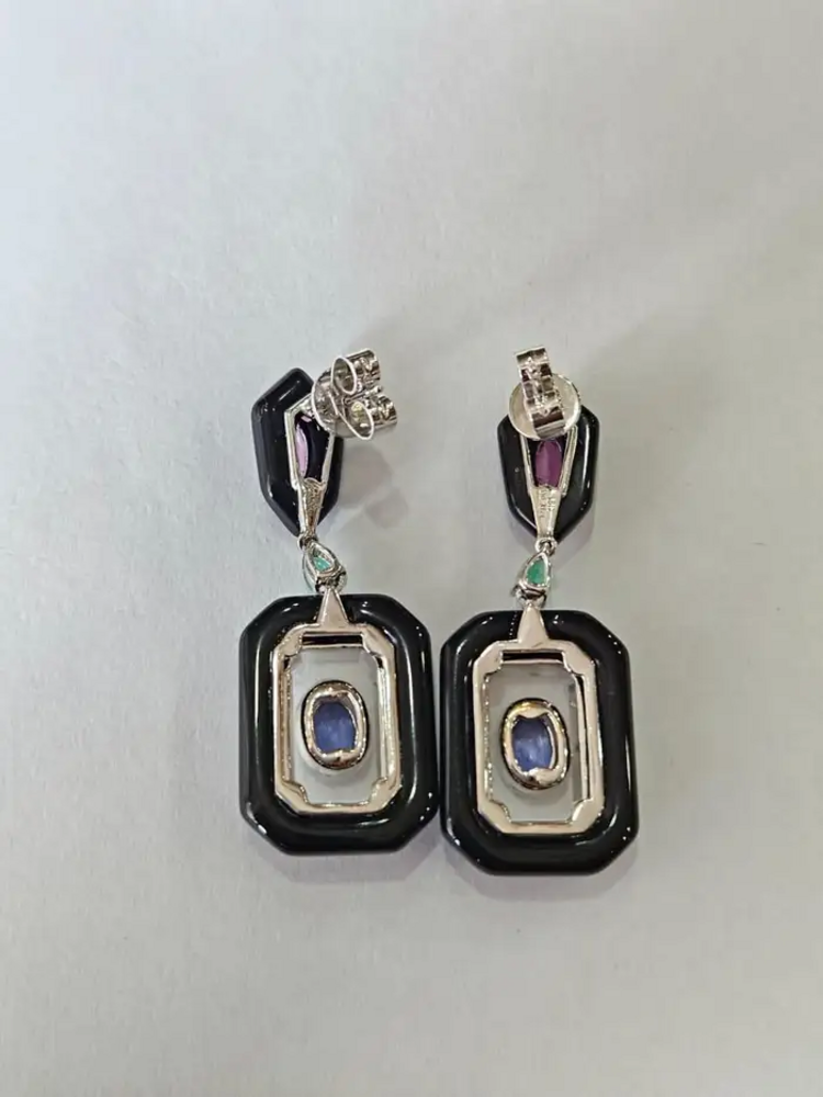 18k White Gold Diamond Dangle Earrings - Natural Emerald, Sapphire, Black Onyx & Crystal Earrings