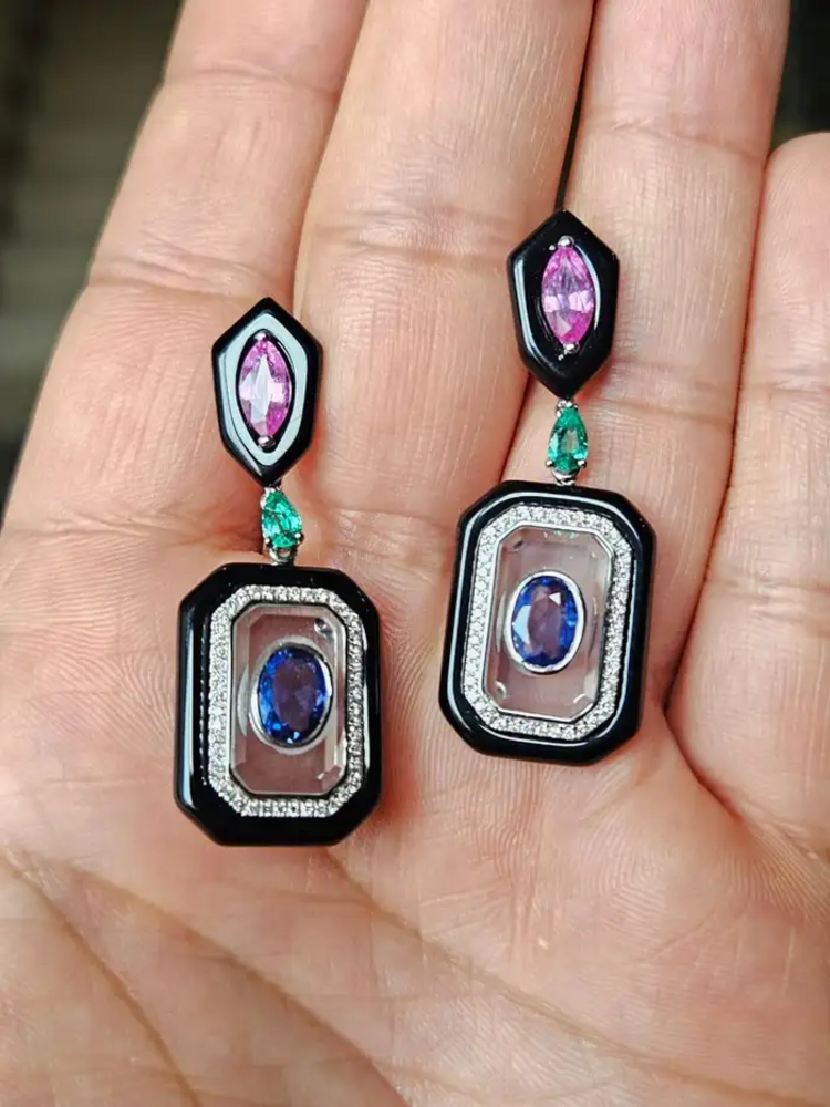 18k White Gold Diamond Dangle Earrings - Natural Emerald, Sapphire, Black Onyx & Crystal Earrings