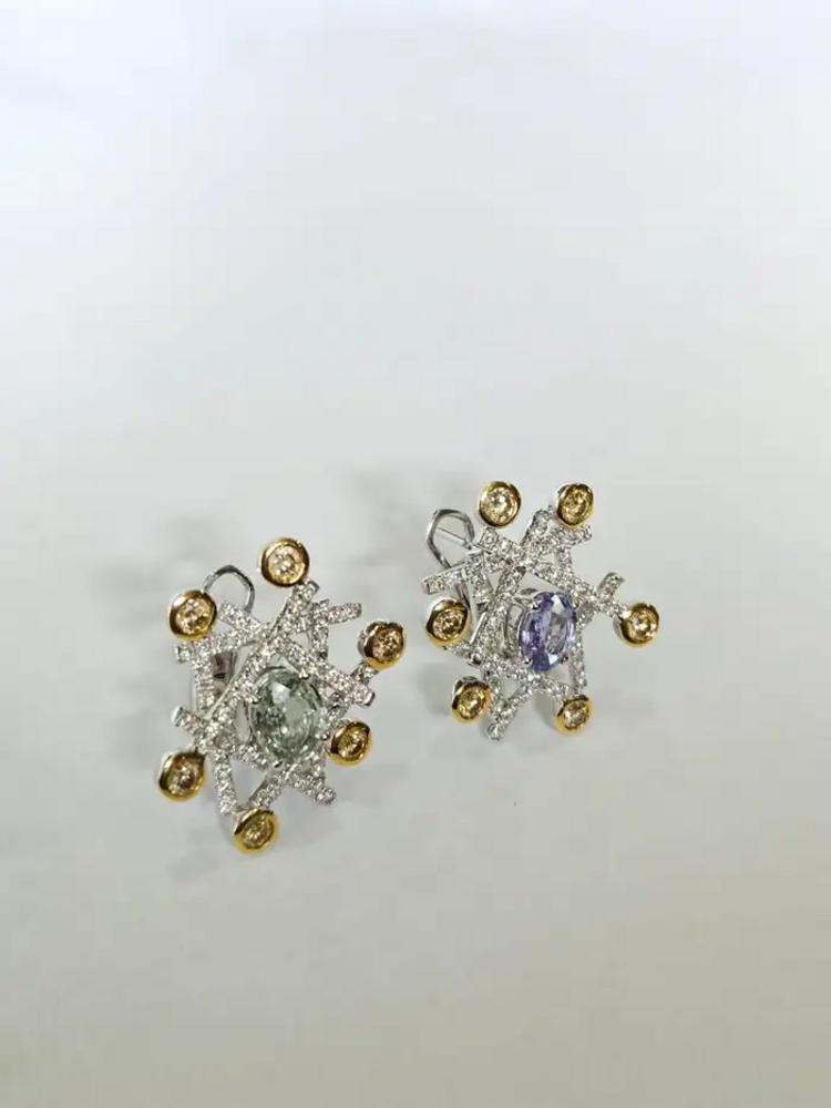 18k White Gold Handmade Stud Earrings With Yellow Diamonds - Natural Blue & Green Sapphire Stud Earrings