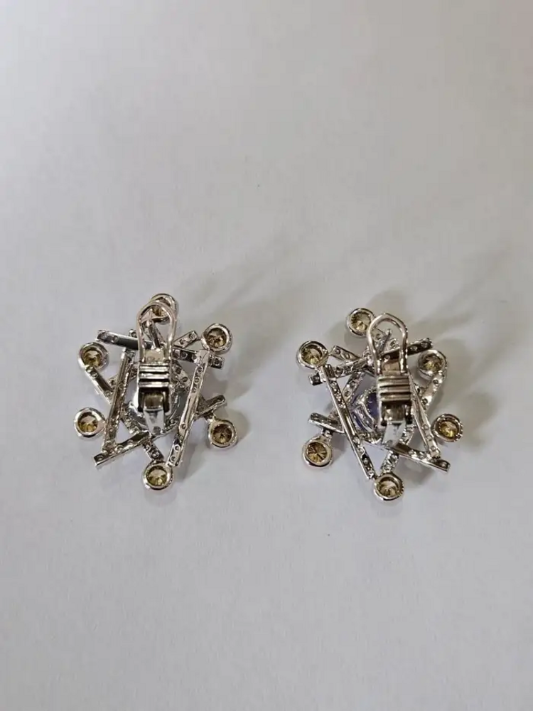 18k White Gold Handmade Stud Earrings With Yellow Diamonds - Natural Blue & Green Sapphire Stud Earrings