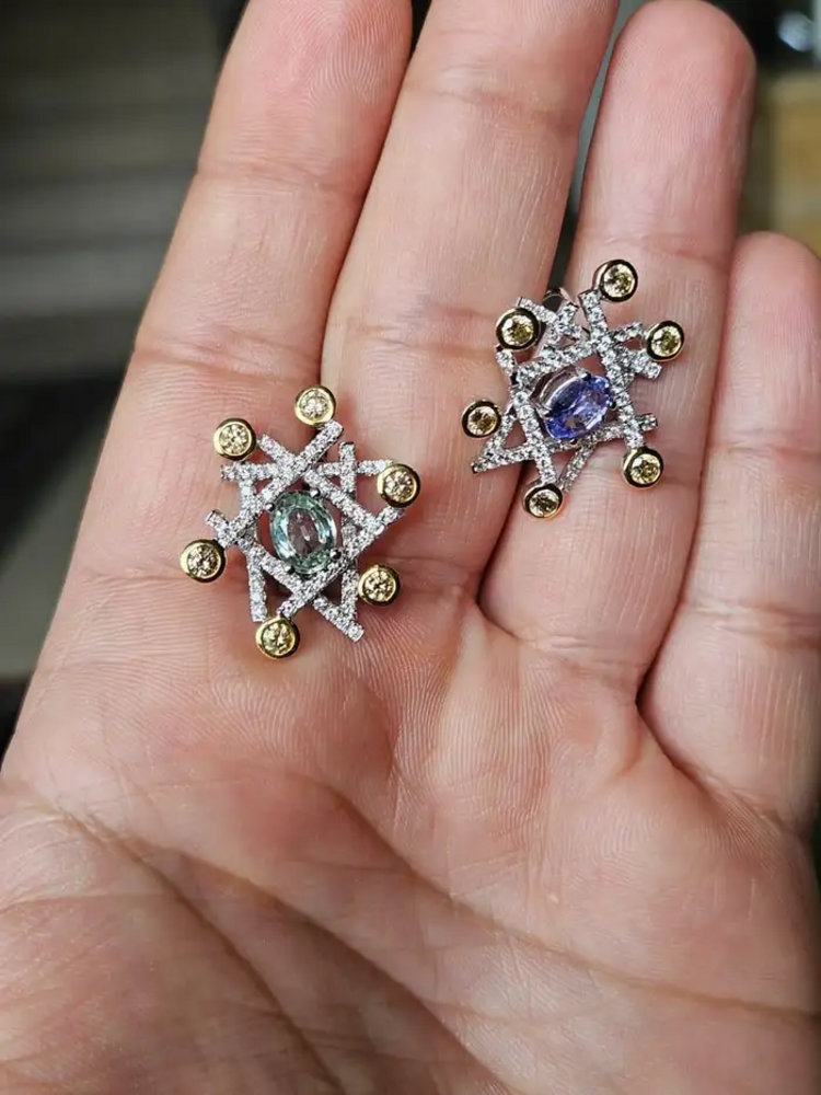 18k White Gold Handmade Stud Earrings With Yellow Diamonds - Natural Blue & Green Sapphire Stud Earrings