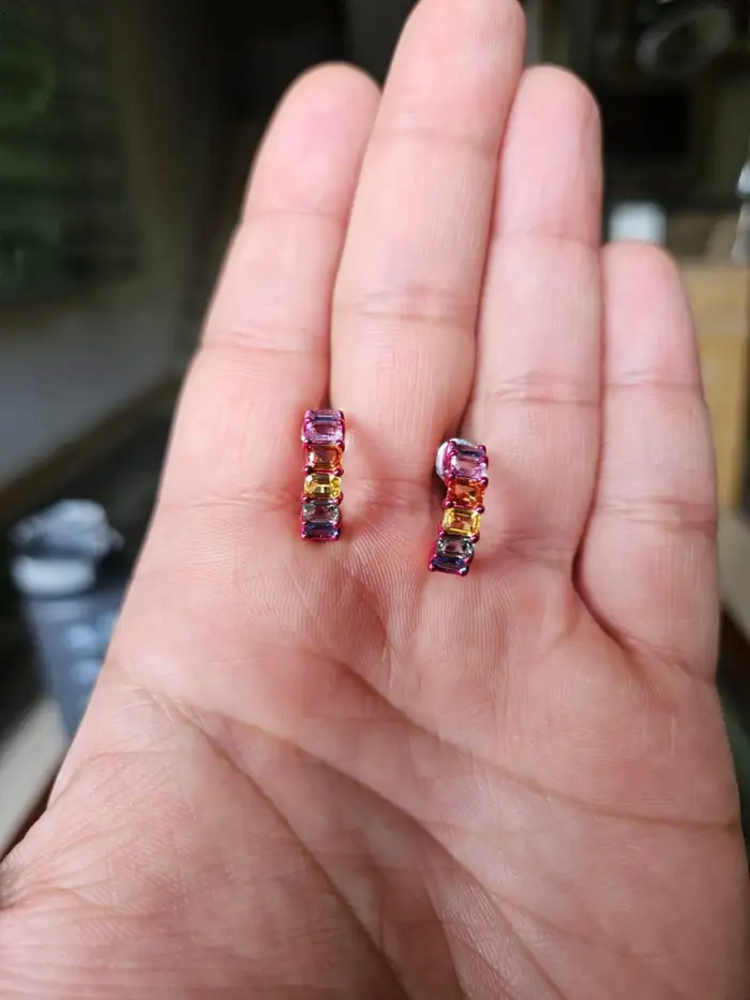 18k White Gold Half Hoop Earrings - Natural Ceylon Multi Sapphire Tiny Earrings