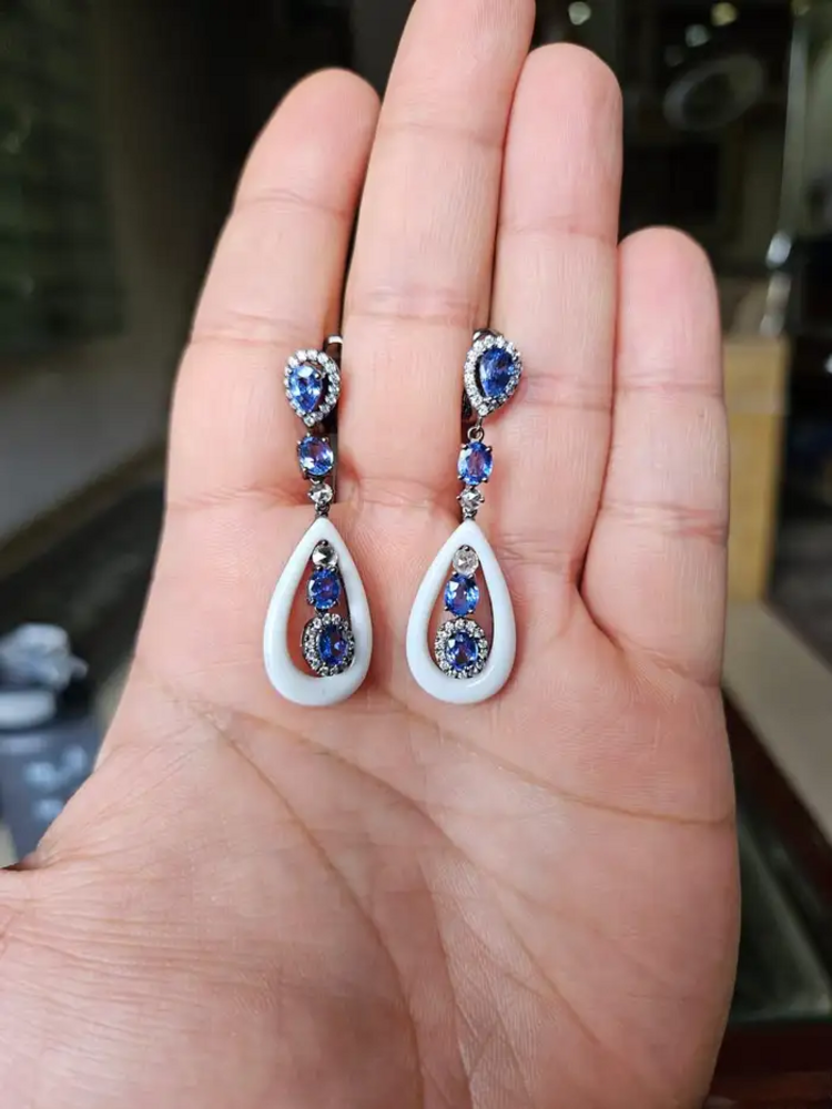 18k White Gold Diamond Dangle Earrings - Natural Blue Sapphire & Onyx Earrings