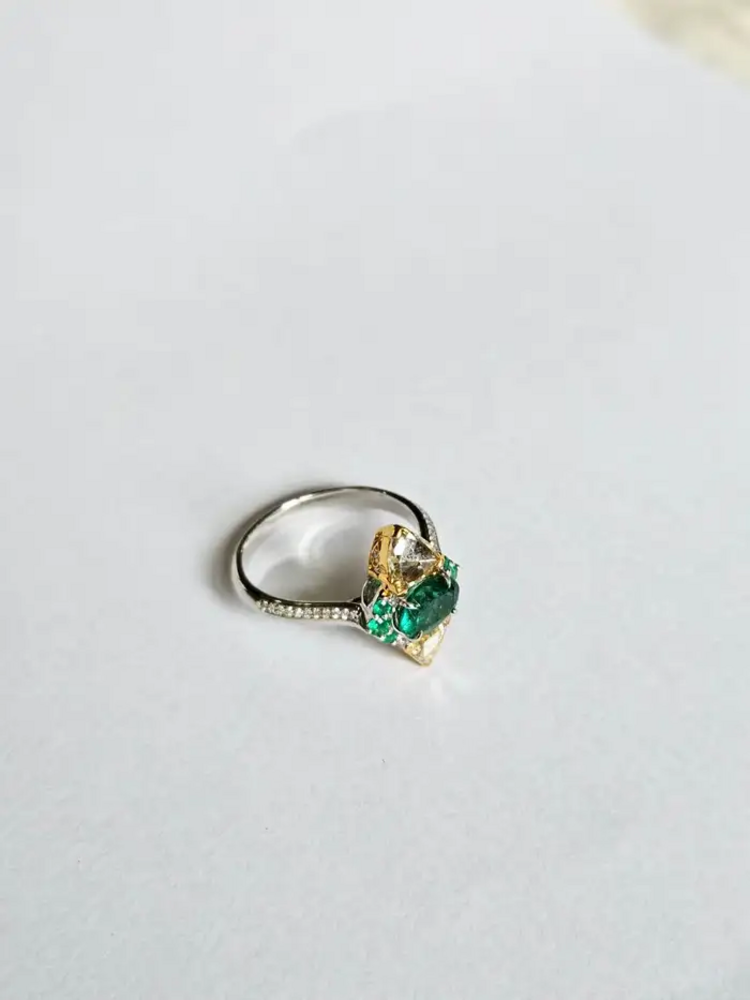 Natural Zambian Emerald Engagement Ring - 18k White Gold & Yellow Diamond Ring