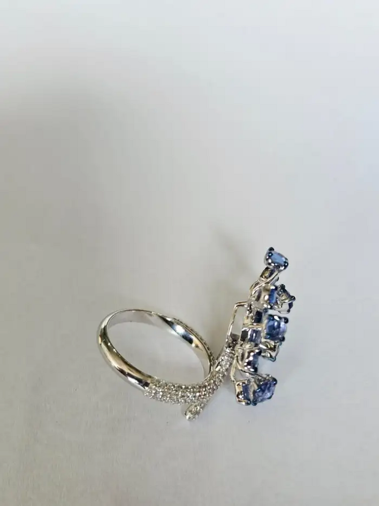 Natural Blue Sapphire & Diamond Cocktail Ring - 18k White Gold Handmade Ring