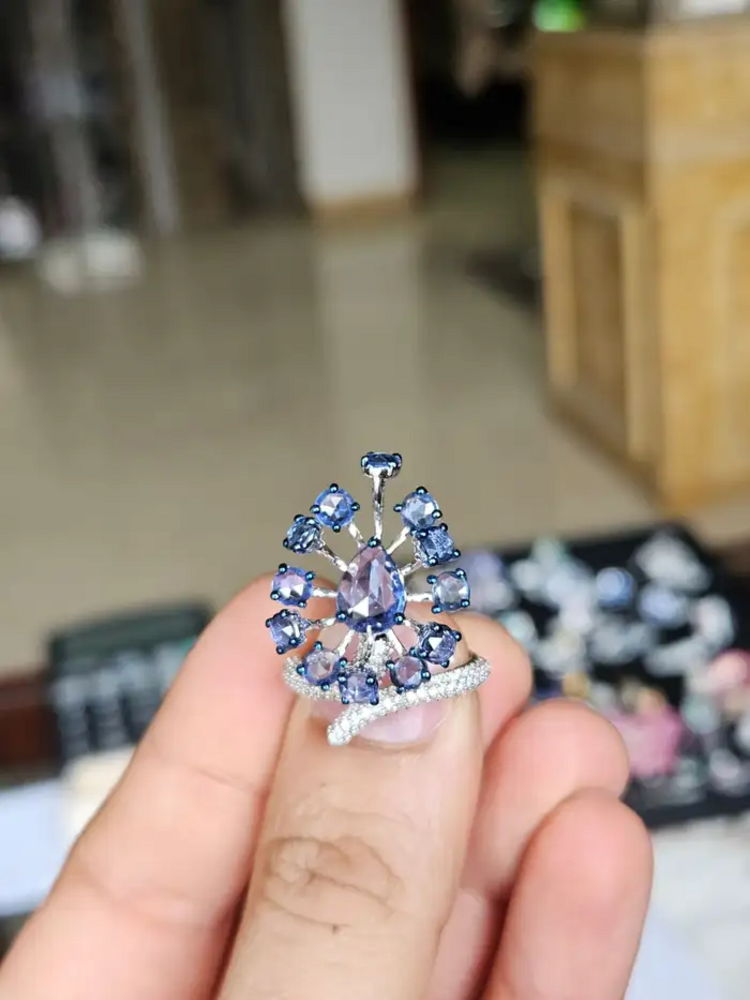 Natural Blue Sapphire & Diamond Cocktail Ring - 18k White Gold Handmade Ring