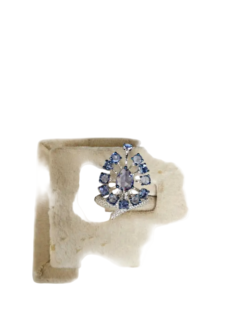 Natural Blue Sapphire & Diamond Cocktail Ring - 18k White Gold Handmade Ring