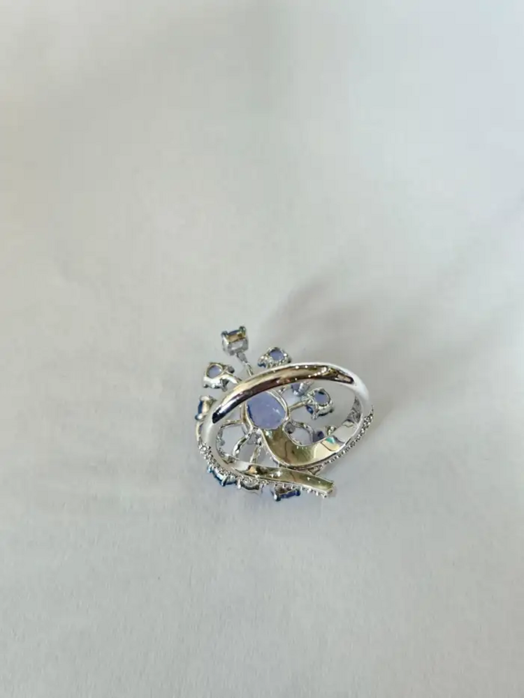 Natural Blue Sapphire & Diamond Cocktail Ring - 18k White Gold Handmade Ring