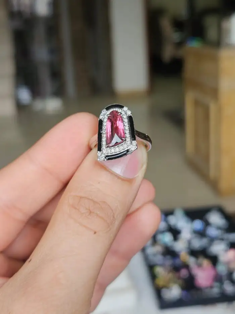 Natural Tourmaline & Black Enamel Ring - 18k White Gold Diamond Cocktail Ring