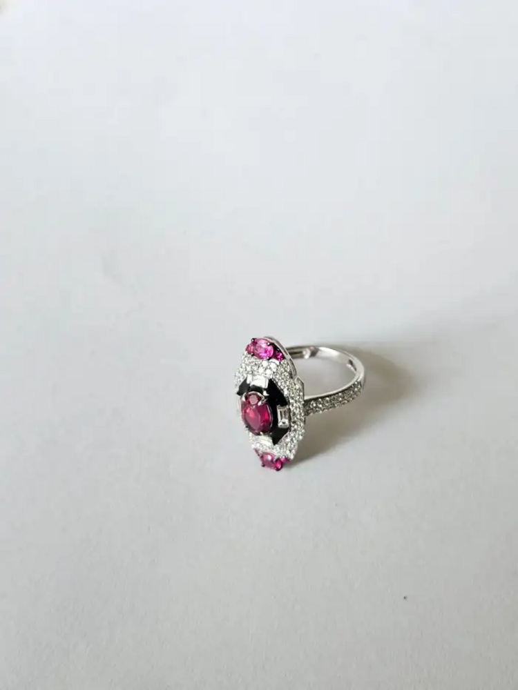 18k White Gold Diamond Ring - Natural Tourmaline & Black Enamel Ring