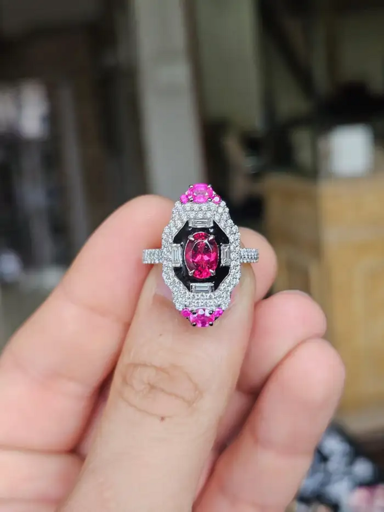 18k White Gold Diamond Ring - Natural Tourmaline & Black Enamel Ring