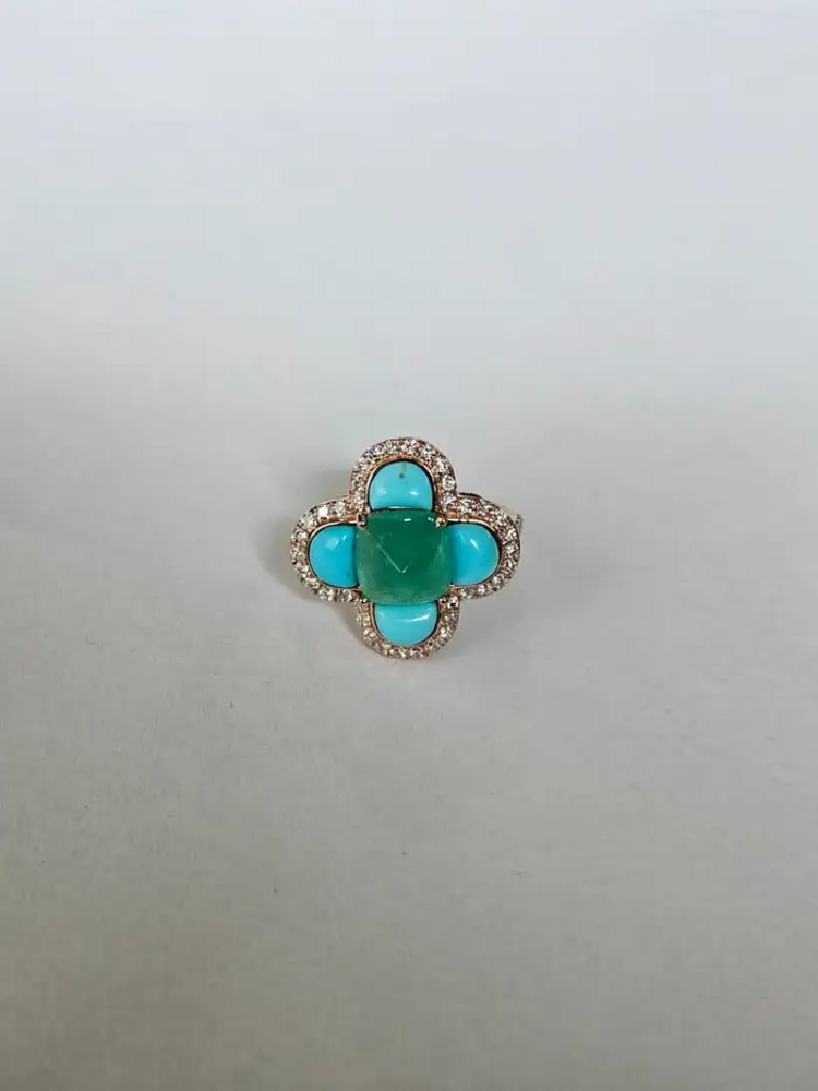 18k Rose Gold Diamond Handmade Ring With Natural Zambian Emerald & Turquoise